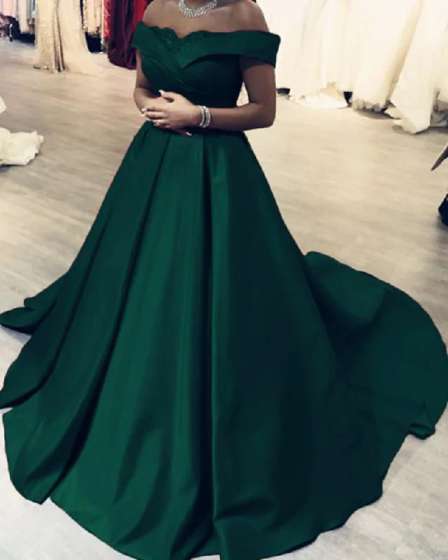 New Season Fashion Preview Sale Dark Green/Wine red Off the Shoulder A Line Satin Prom Dresses Long PL3311 Boho Chic