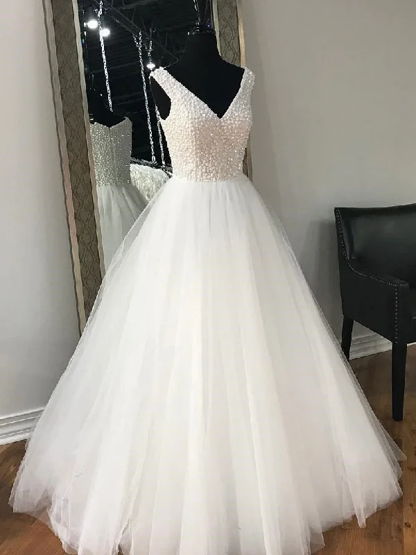 Additional Time-Limited Offers V Neck White Rhinestone Cheap A-line Custom Wedding Dresses Online, WD348 Bold Silhouette