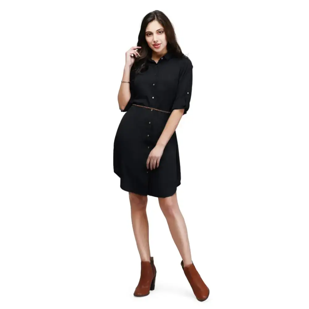 Premium Style V&M Women's Black Crepe Button Up Roll Up Sleeves Summer Shirt Dress,Belt Not Included Big Savings on Minimalist Office Styles