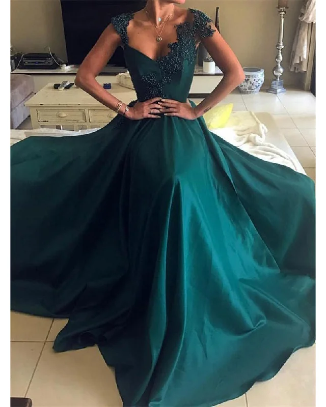 Hot Items Teal Green Cap Sleeves A Line Satin Prom Party Dresses 2019 PL5521 Effortless Grace