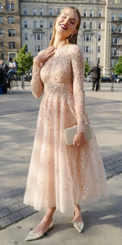 Polished Style Deals Designer tea length dresses with long sleeves sequins lace prom dress  cg7735 Formal Outfit