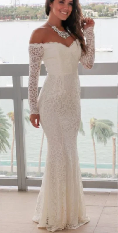 Fashion Forward Off the Shoulder Lace Prom Dress, Charming Mermaid Long Sleeve Prom Dress  cg8985 Subtle Sophistication