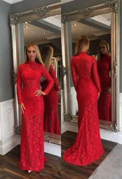 Top Deals 2020 Gorgeous Red High Neck Long Sleeve Column/Sheath Lace Prom Dresses  cg8745 Charming Silhouette