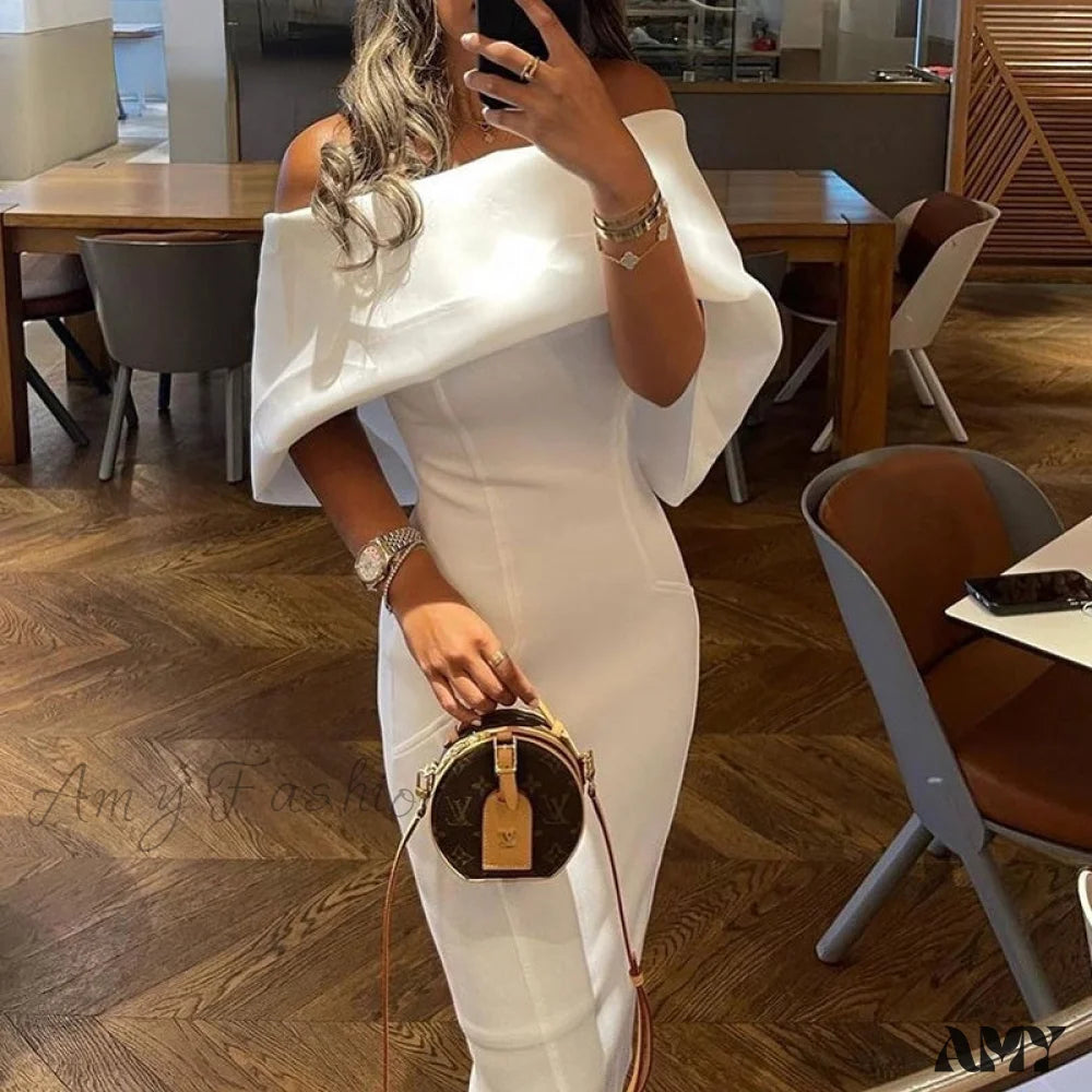 Modish Fashion Discounts Amy Fashion - Solid Elegant Off Shoulder Midi Bodycon Formal White Dress Flash Sale