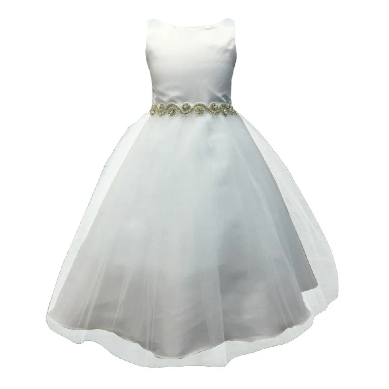 Classic Modern Offers Big Girls White Satin Tulle Rhinestone Junior Bridesmaid Dress 8-16 Polished Finish