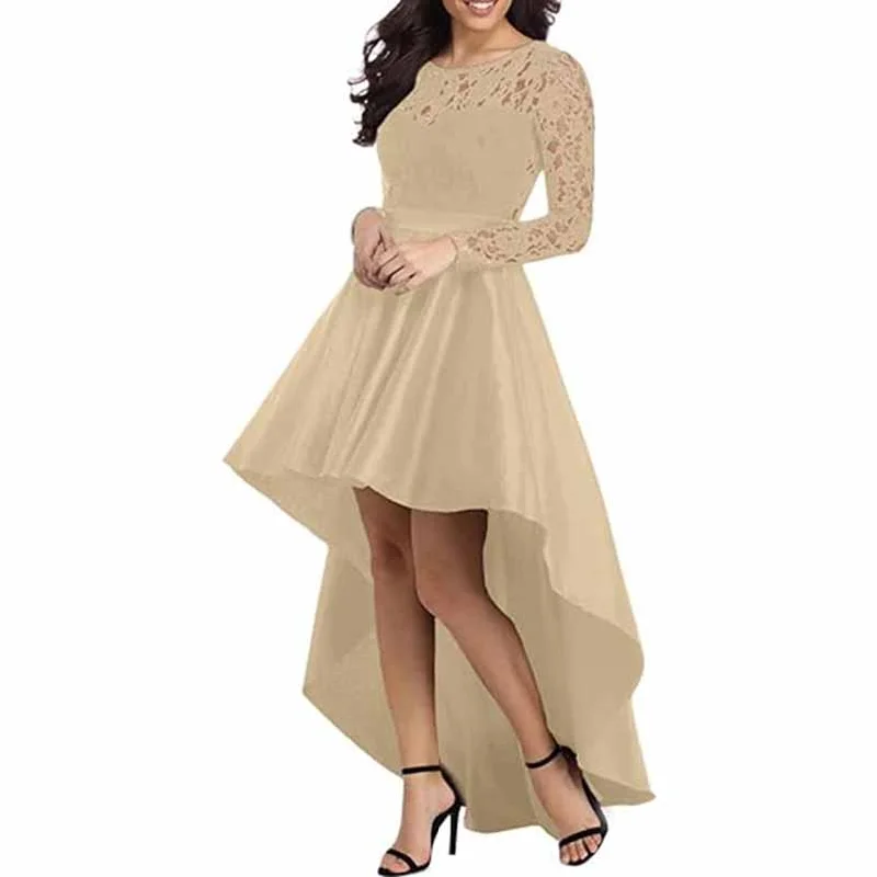 The Latest Trends Long Sleeves Lace and Satin Wedding Guest Outfit A Line Bridesmaid Dress High-Low Prom Dress Graceful Cut