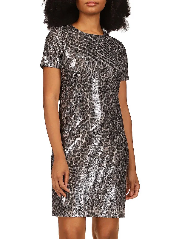 Seasonal Fashion Womens Animal Print Sequined T-Shirt Dress Contemporary Elegance