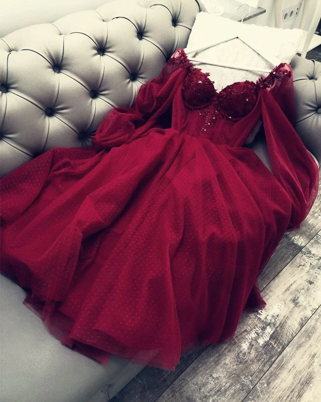 Exclusive Discount Cute A Line Long Sleeves Red Burgundy Tulle Ankle Length Prom Dress C1169 Sophisticated Cut