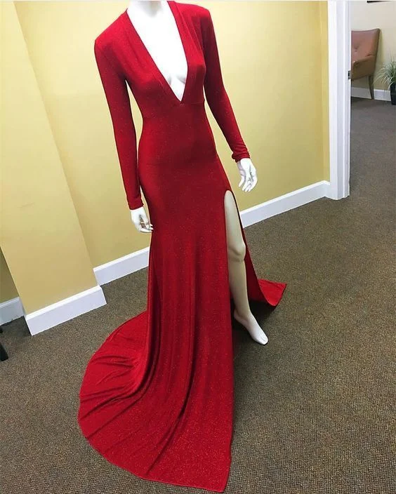 Hot Trends Long Sleeves V Neck Prom Dress With Slit    cg13939 Big Savings on Minimalist Office Styles