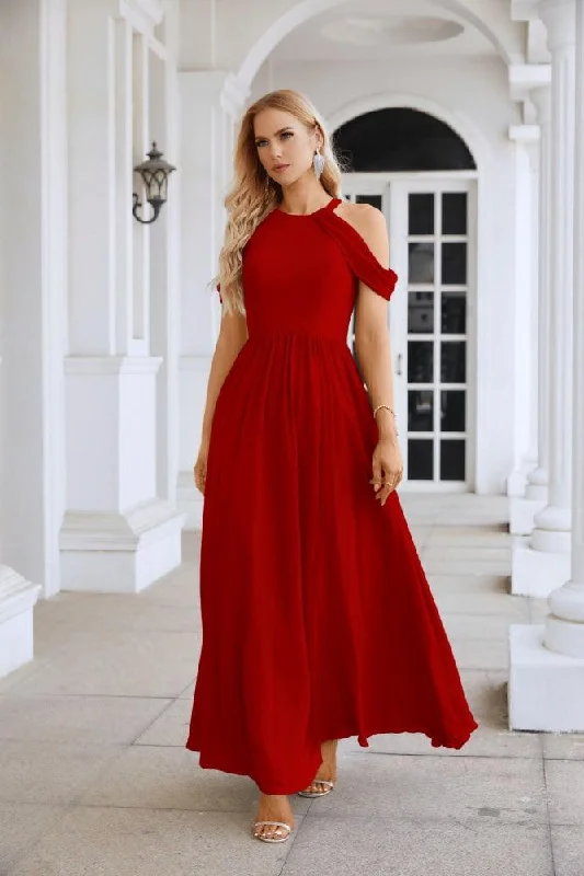 Affordable Trendy Fashion Ladies Chiffon Off Shoulder Swing Sleeve Front Slit Bridesmaid Evening Dress Wedding Party Evening Dress 28117 Casual Elegance