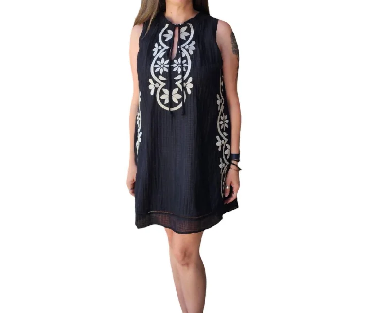 Budget Saver Sleeveless Embroidered Dress W/neck Tie In Black Subtle Sophistication