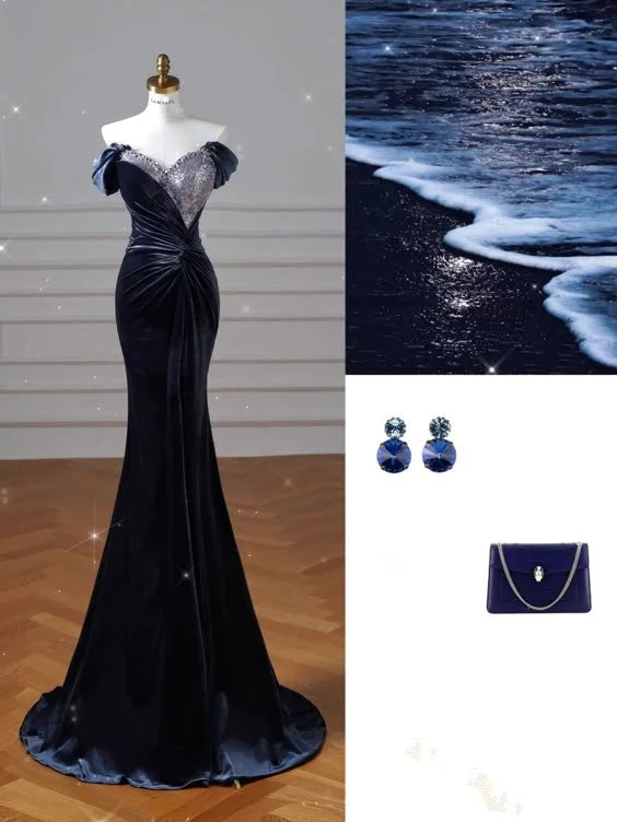 Boutique Styles Elegant Mermaid Off The Shoulder Navy Blue Prom Dresses With Ruffle Long Sleeves Evening Dress C2899 Statement Piece