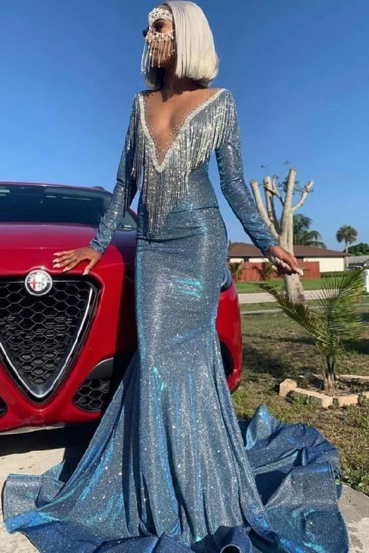 Fashion Frontiers Mermaid Prom Dresses, Long Sleeve Prom Dresses, Sequined Prom Dresses, Blue Prom Dresses, Sexy Prom Dresses  cg7880 Graceful Cut