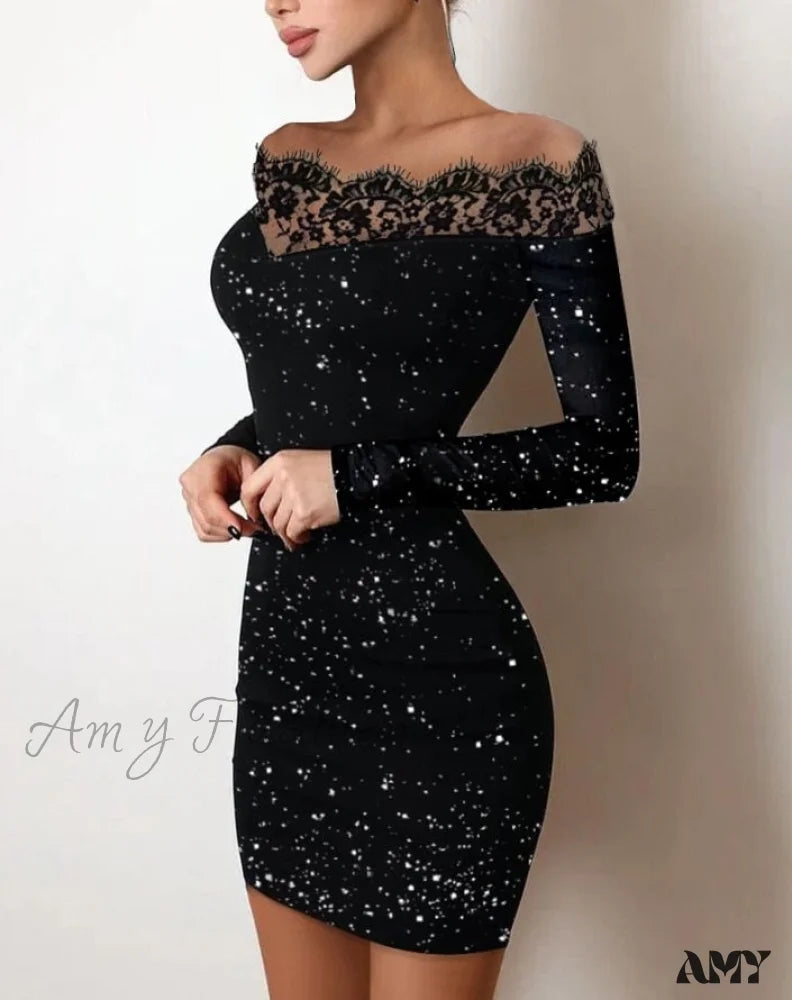 Chic Style, Always In Vogue Amy Fashion - Off Shoulder Long Sleeve Contrast Lace Glitter Bodycon Mini Dress Tropical Island - Inspired Attire