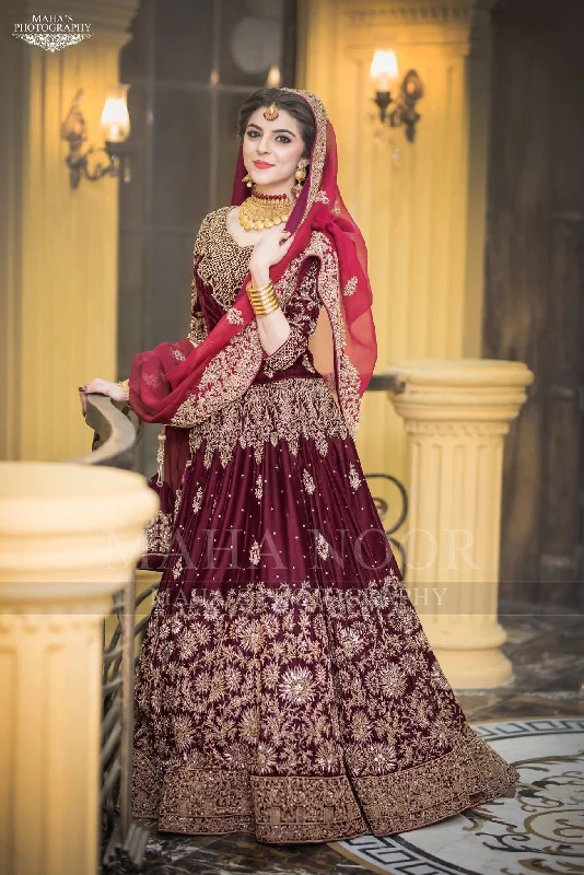 Mega Sale Bridal Reception Lahnga In Dark Maroon Color Model# B 1825 Weekend Special