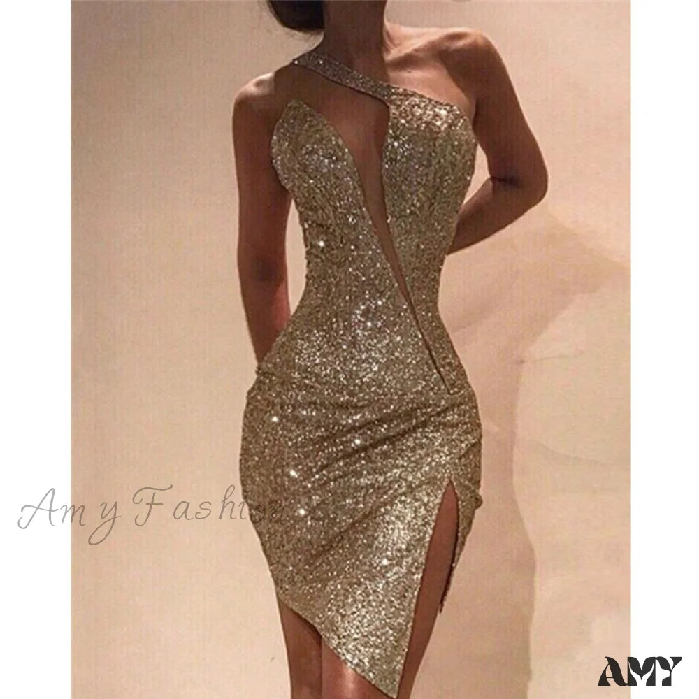 Unleash Your Trend Driven Style Amy Fashion - One Shoulder Cut Out Slit Bodycon Sequin Dress Nordic Minimalist Home Look