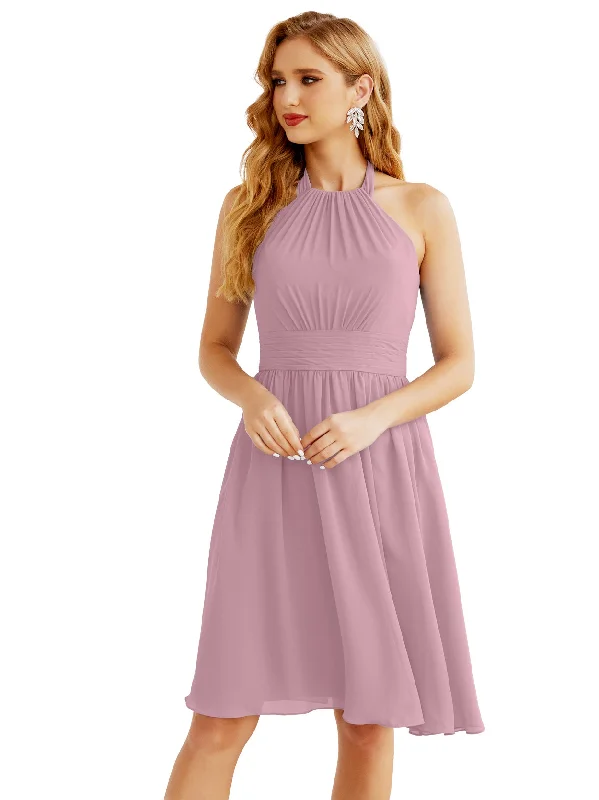 Step Ahead, Lead The Trend Numbersea Halter Chiffon Bridesmaid Dresses Short Sleeveless Formal Party Dress Open Back 28023 Dreamy Aesthetic