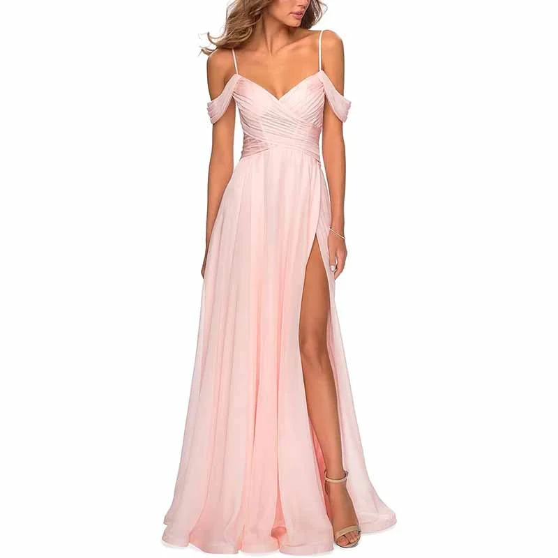 Hot Brand Discounts Chiffon Bridesmaid Dresses with Pockets V Neck Long Prom Dress Formal Evening Gown with Slit Vintage Look