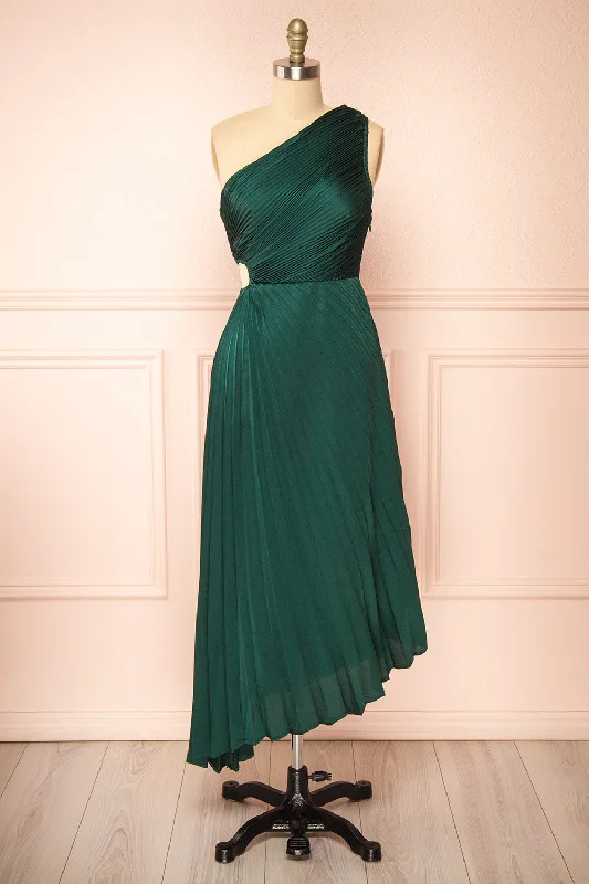 Top Deals Swifty | Green Asymmetrical Pleated Satin Dress Today Only