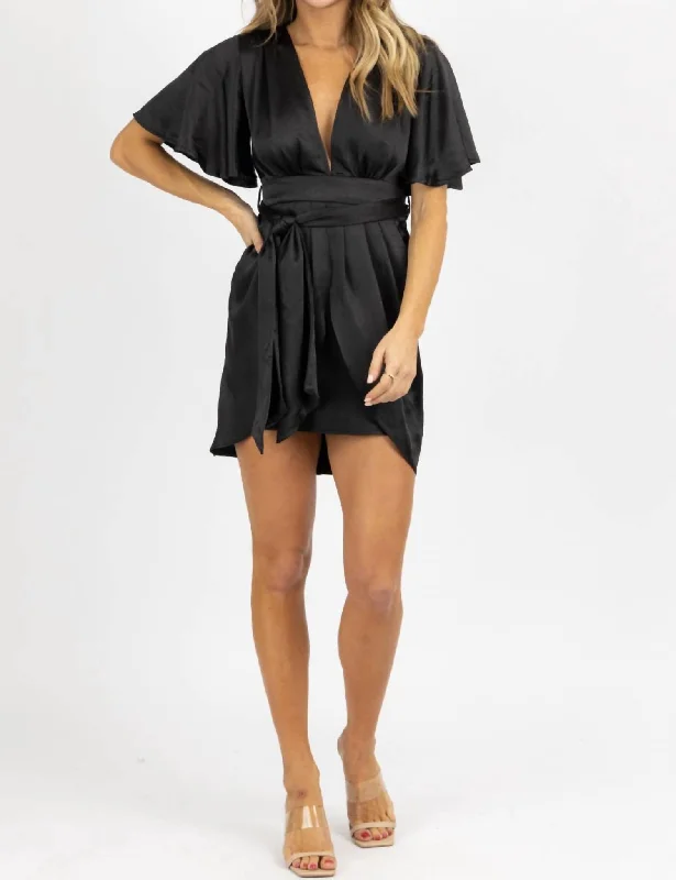 Bold Fashion Sales Satin Dolman Sleeve Mini Dress In Black Elegant Contour