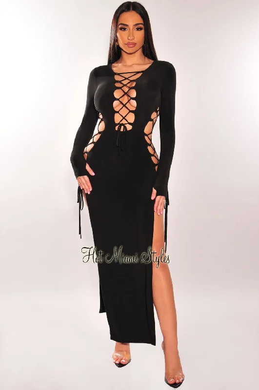 Chic Style, Always In Vogue Black Lace Up Long Sleeve Double Slit Dress Minimalist Office - Ready Style