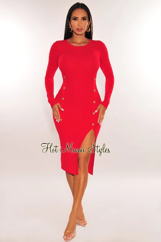 Stylish Statements Red Ribbed Long Sleeve Gold Button Slit Dress Lightweight Fabric