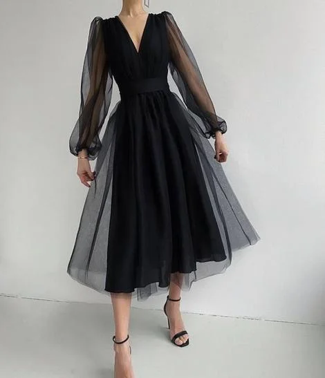 Vintage-Inspired Style Offers Unique Black Tulle Long Sleeves Prom Dress        cg22791 Feminine Grace