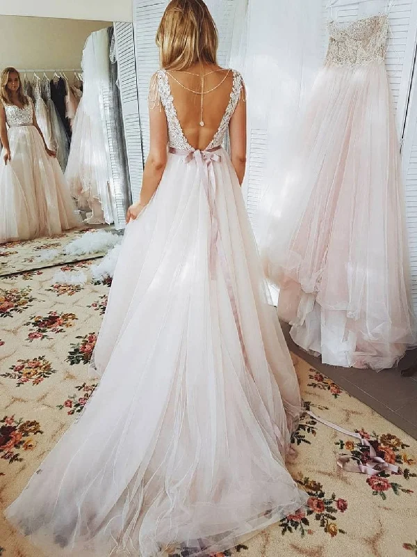 Don't Miss Out Sexy Blush Backless Lace Top A-line Cheap Wedding Dresses Online, WD337 Summer Fashion