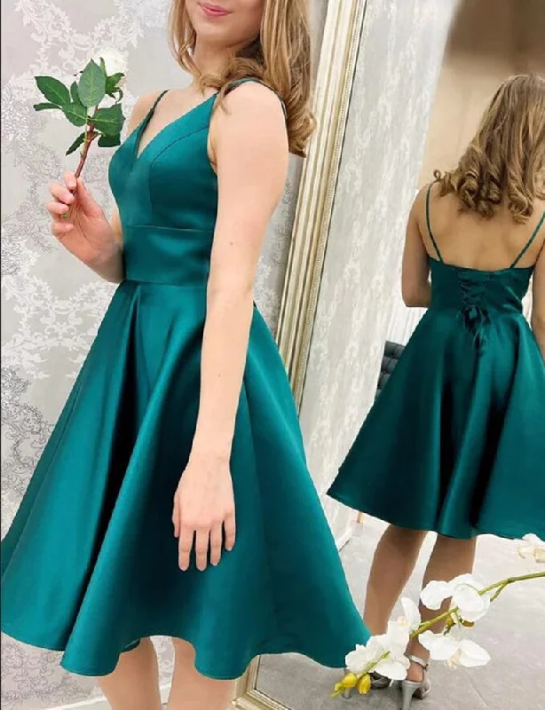 Contemporary Chic Promotions Women Simple Satin Prom Dresses Short Cocktail Gowns Girls V-Neck Homecoming Dresses Short Graduation Dress YHD298 Bold Patterns