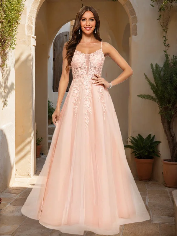 Limited Styles A-Line/Princess Spaghetti Straps Sleeveless Prom Dresses with Applique Grab Romantic Date - Night Styles Now