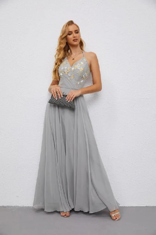 Exclusive Fashion Deals Numbersea Ladies Halter Backless Ruffle V Neck Embroidery and Floor Length Bridesmaid Evening Dress Wedding 28079 Graceful Drape