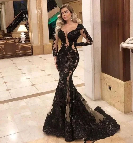 High-End Style Discounts Sexy Lace V-Neck Black Long Sleeve Party Evening prom Dress    cg17197 Feminine Soft - Hued Look