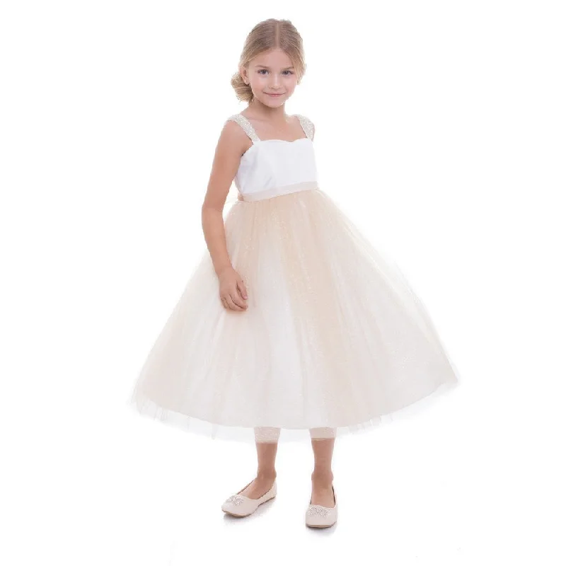 Street Chic Discounts Big Girls Champagne Pearl Shoulder Mesh Junior Bridesmaid Dress 8-12 Effortless Grace