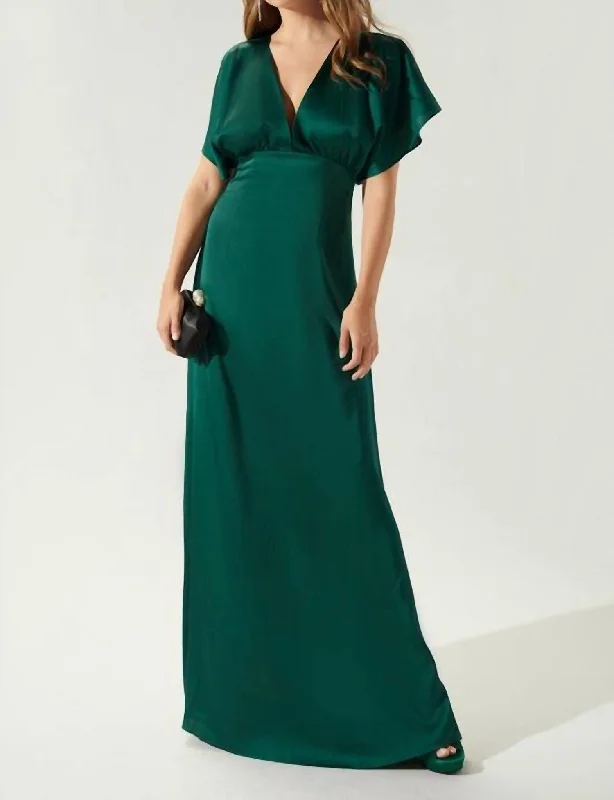 Exclusive Fashion Deals The Darling Flutter Satin Maxi Sleeve Dress In Emerald Vintage Elegance