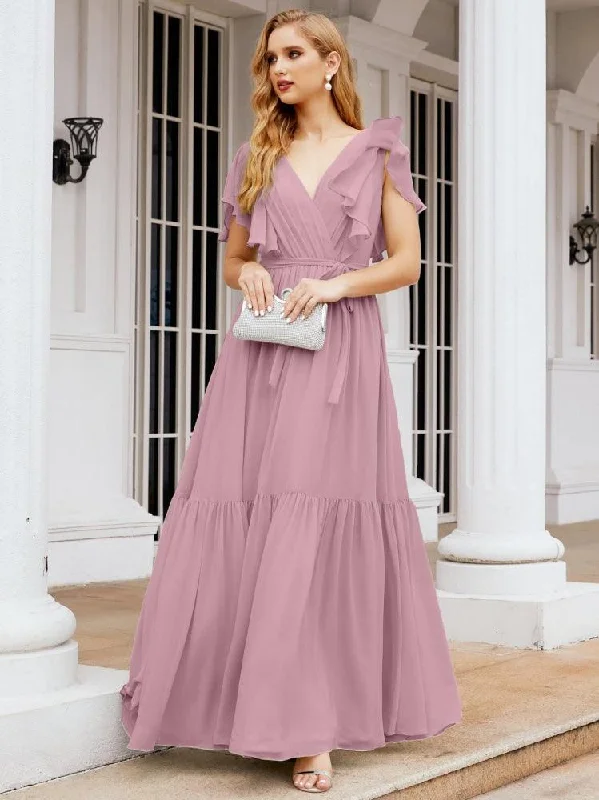 Fashion Sale Numbersea Women's Open Back Formal Evening Party Prom Gowns V-Neck Long Chiffon Bridesmaid Dresses with Waist Belt 28038 Sleek Design