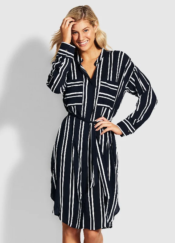 Limited-Time Offer Summer Sea Stripe Shirt Dress - Navy Stripe Graceful Movement