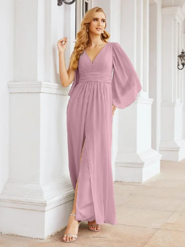 Relaxed Style Numbersea Bridesmaid Dresses with Split for Wedding Party Flutter Sleeves 28045 Chic Sophistication