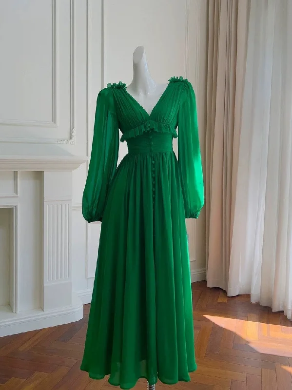 New In This Season Modest A line V Neckline Long Sleeves Green Chiffon Slit Prom Dress Formal Dresses With Buttons C2269 Modern Glamour