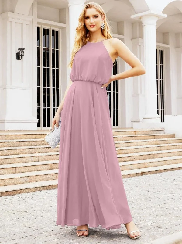 Timeless Elegance Sale Numbersea  Halter Long Bridesmaid Dresses Formal A line Juniors Dress 28029 Lightweight Fabric