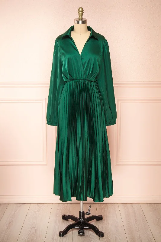 Chic Style, Always In Vogue Calira | Green Midi Dress w/ Long Sleeves Disco - Inspired Retro Dance Look