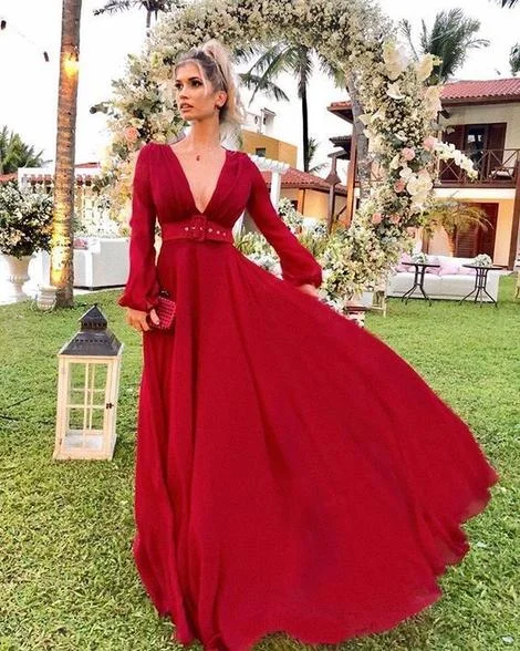 Premium Style Offers V Neck Long Sleeves Prom Dresses          cg22891 Cottagecore Rustic Charm Style