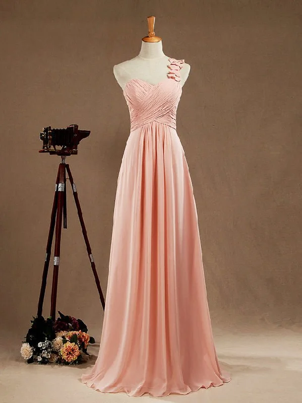 Enjoy Discount One Shoulder A-Line Floor Length Chiffon Bridesmaid Dress with Criss Cross Ruching Pleats Feminine Flow