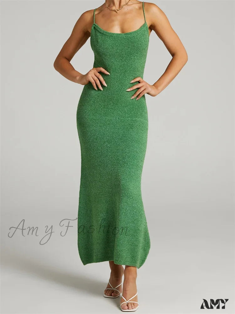 Limited Edition Amy Fashion - Sexy Women Knitted Summer  Solid Color Sleeveless Spaghetti Strap Low Cut O-neck Backless  Vestidos Chic Allure