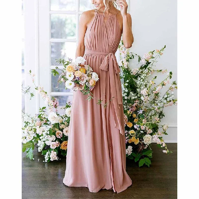 Fall Sale, Prices Drop Women's Halter Chiffon Bridesmaid Dress Long A-Line Weddign Guest Dresses Romantic Flair