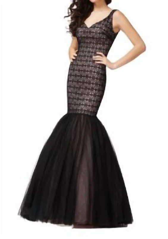 Summer Fashion Lace And Tulle Mermaid Gown In Black/blush Tropical Island - Inspired Attire