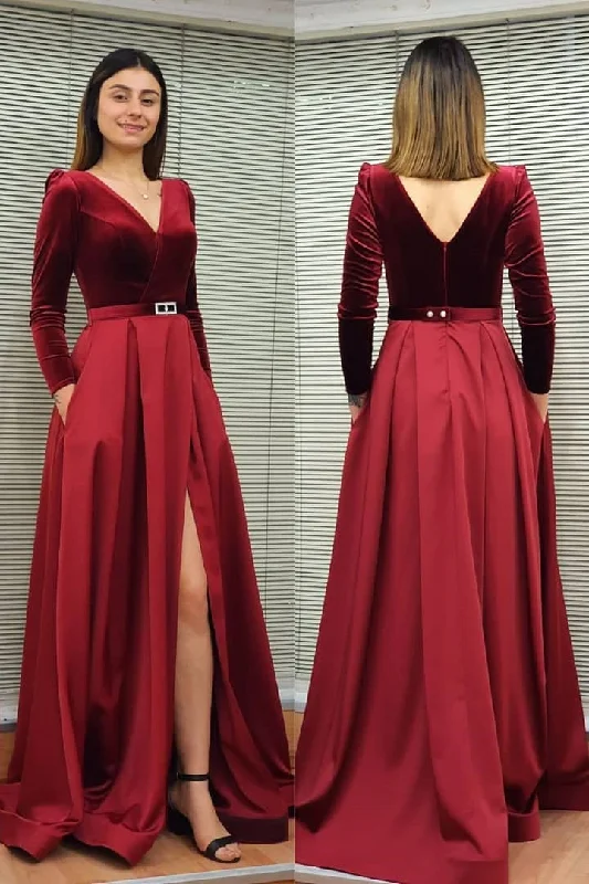 Huge Markdowns Burgundy Long Sleeves Deep V Neck Long Prom Dress with Slit    cg18668 Casual Weekend Relaxed Style