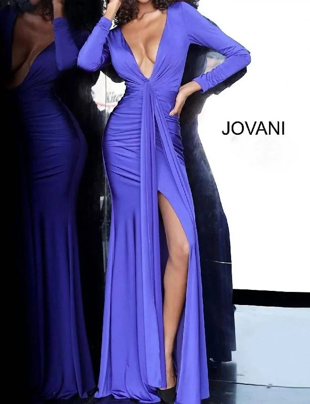 Fashion Sale Long-Sleeve Ruched Evening Gown In Deep Royal Romantic Detailing