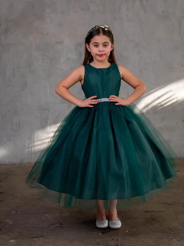 Top Brand Discounts Big Girls Hunter Green Rhinestone Tulle Junior Bridesmaid Dress 8-12 Graceful Drape