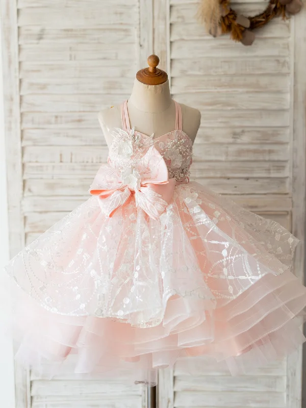 The Latest Trends With Sash Pink Sleeveless Backless Short Tulle Kids Party Dresses Soft Textures