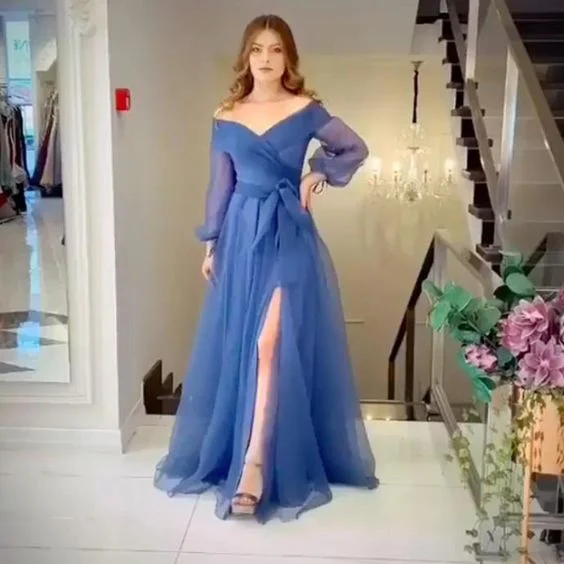 Fashion Essentials royal blue prom dresses 2021 deep v neck bow long sleeve side slit floor length tulle long evening dresses    cg13879 Flash Sale